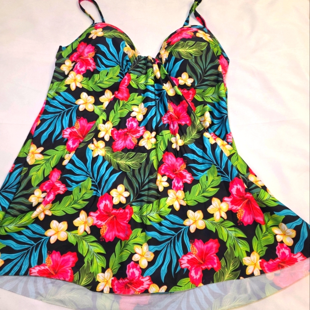 NWT Simply Fit One-Piece Floral Bathing Suit Swim Dress- Women's Sz Lg $90